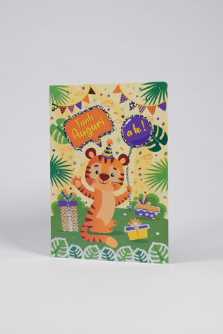 Biglietto Compleanno Bambino Tigre Safari Glitter con Busta - 1 pz