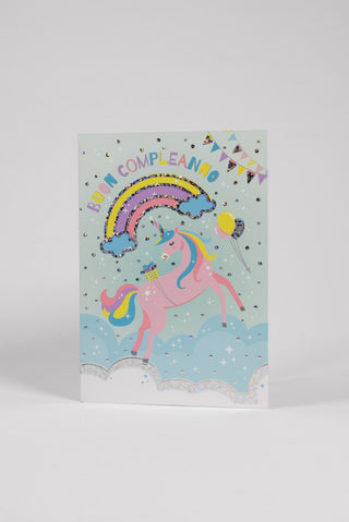 Biglietto Compleanno Unicorno Arcobaleno Glitter - 1 pz