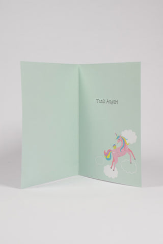 biglietto auguri azzurro interno con unicorno rosa