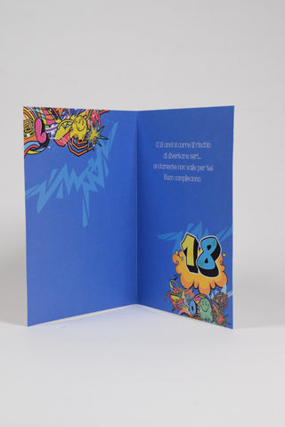 biglietto auguri 18 anni blu fantasia pop con frase di auguri