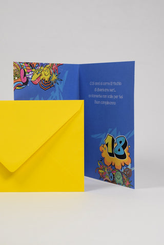 biglietto di auguri 18 anni blu fantasia pop con busta gialla