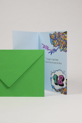 biglietto auguri 18 anni pop art interno con busta verde