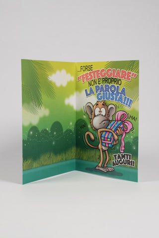 biglietto di auguri scimmia con regalo interno con messaggio di auguri