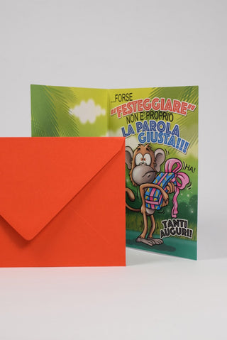 biglietto di auguri scimmia con regalo interno con busta arancione