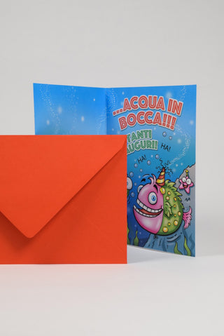 biglietto di auguri pesci e stella marina interno con busta rossa