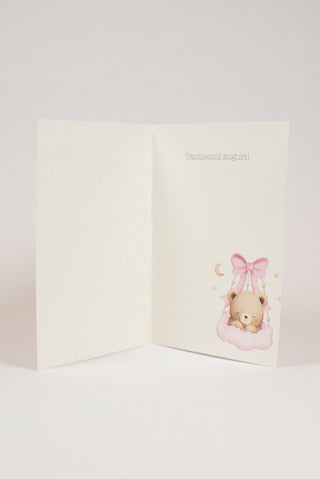 biglietto auguri battesimo bimba interno con scritta tantissimi auguri e orsetto dolce