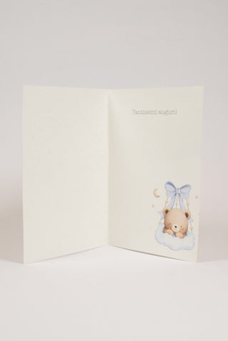 biglietto di auguri di battesimo con orsetto che dorme su una nuvola interno con scritta tantissimi auguri