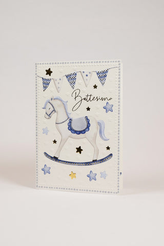 biglietto di auguri di battesimo con cavalluccio a dondolo per bimbo fronte