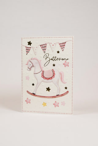biglietto auguri battesimo con cavalluccio a dondolo fronte