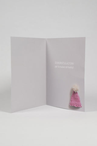 biglietto di auguri per nascita bambina con berretto in lana interno