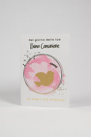 biglietto auguri prima comunione con colomba su sfondo rosa fronte