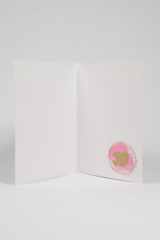 biglietto auguri prima comunione con colomba su sfondo rosa interno