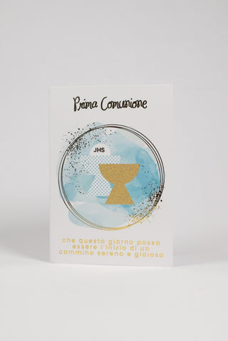 biglietto di auguri prima comunione con calice jhs fronte