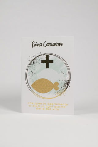 biglietto auguri prima comunione con pesce eucaristico fronte