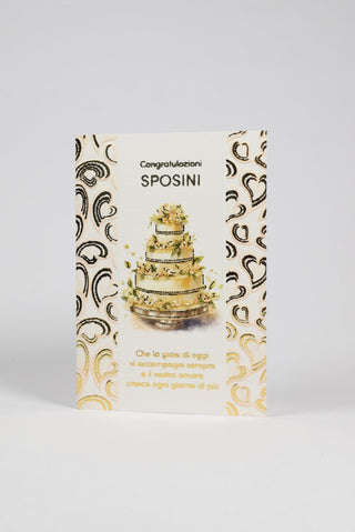 fronte biglietto auguri congratulazioni sposini con torta nuziale