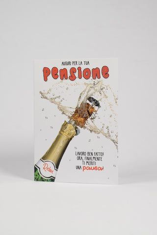 fronte biglietto pensione con bottiglia che stappa