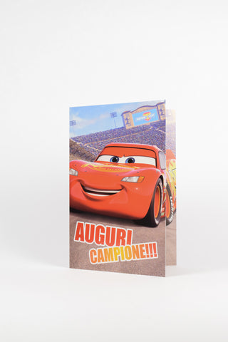 biglietto auguri disney cars con saetta macqueen nel circuito