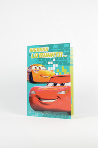 biglietto auguri disney cars verde con saetta macqueen e luigi