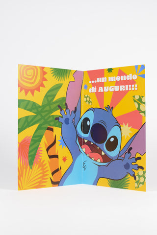 biglietti di auguri stitch giallo interno con scritta un mondo di auguri