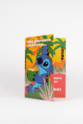 biglietti di auguri stitch giallo con noce di cocco e cannuccia fronte