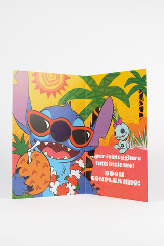 biglietti di auguri stitch giallo interno con noce di cocco e palme