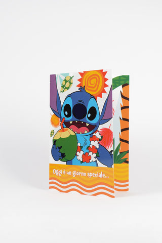 biglietti di auguri stitch bianco fronte con sole, noce di cocco e collana delle Hawaii