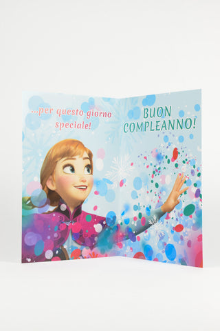 biglietto di auguri azzurro disney frozen con elsa fronte e anna interno