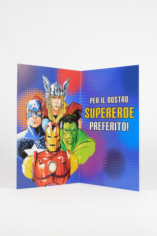 biglietto auguri marvel avengers captain america, thor, hulk e iron man