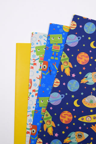 Carta regalo bambini robot razzi spazio - Set 4 fogli