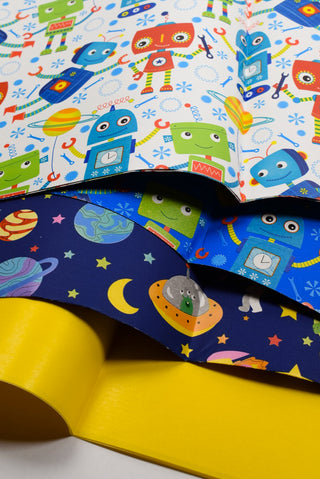 Carta regalo bambini robot razzi spazio - Set 4 fogli