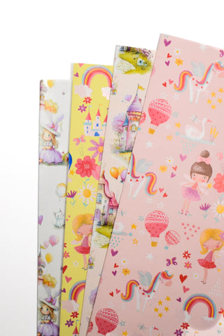 Carta regalo bambina fatine castelli unicorni rosa e gialla - Set 4 fogli
