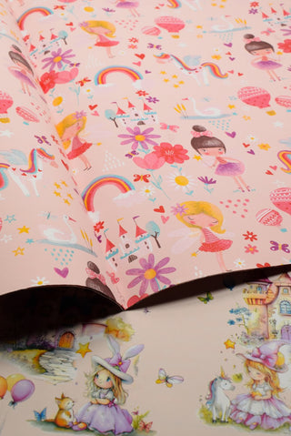 Carta regalo bambina fatine castelli unicorni rosa e gialla - Set 4 fogli