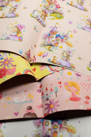 Carta regalo bambina fatine castelli unicorni rosa e gialla - Set 4 fogli
