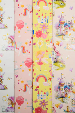 Carta regalo bambina fatine castelli unicorni rosa e gialla - Set 4 fogli