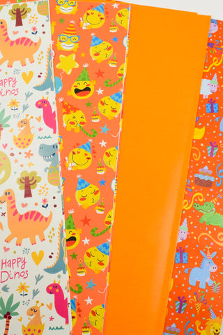 Carta regalo bambini: dinosauri, animali, emoji e tinta - Set 4 fogli