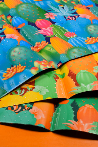 Carta regalo cactus colorati e tinta unita arancione - Set 4 fogli