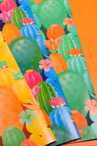 Carta regalo cactus colorati e tinta unita arancione - Set 4 fogli